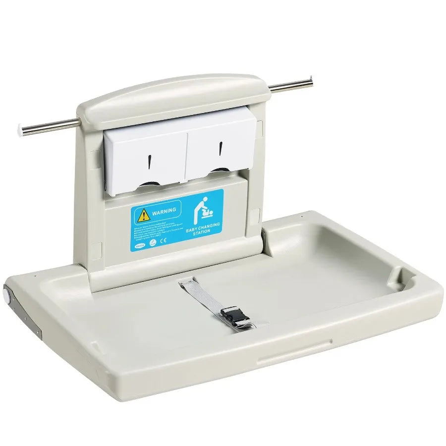 WallMounted Baby Changing Station Horizontal Foldable Diaper Change Table with Safety Straps and Hanging Rods Use in Commercia