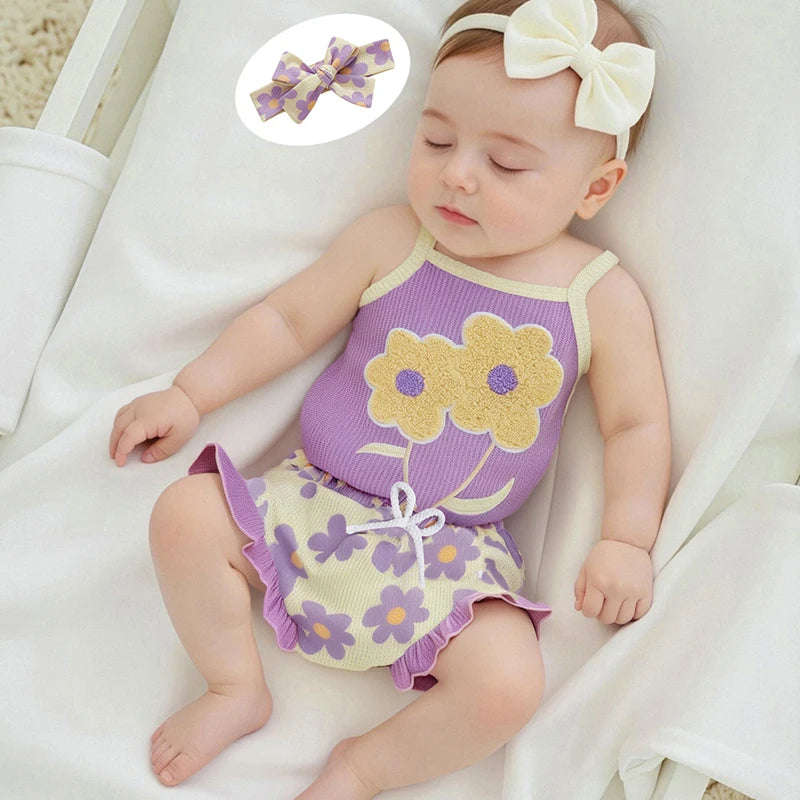 Toddler Girl Summer Outfit Floral Embroidered Sleeveless Bodysuit Elastic Waist Ruffle Shorts Headband 3 Piece Set for Baby Girl