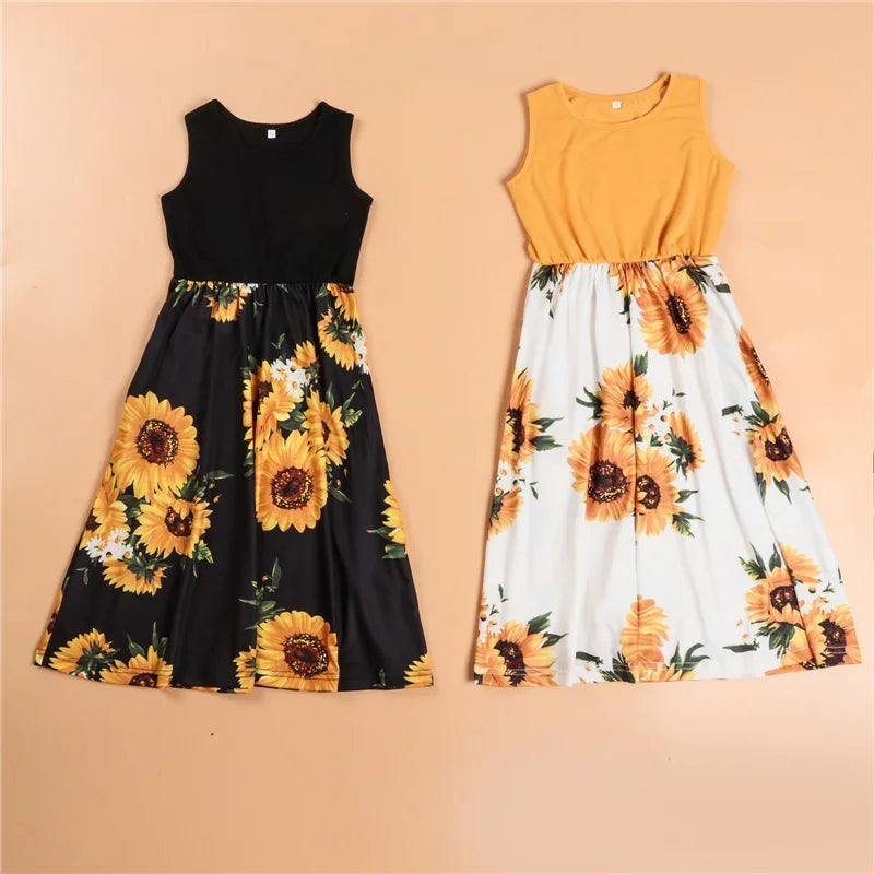 Mother Daughter Matching Dresses Family Sets Floral Fashion Woman Girls Long Dress Outfits Sleeveless Family Look Dress