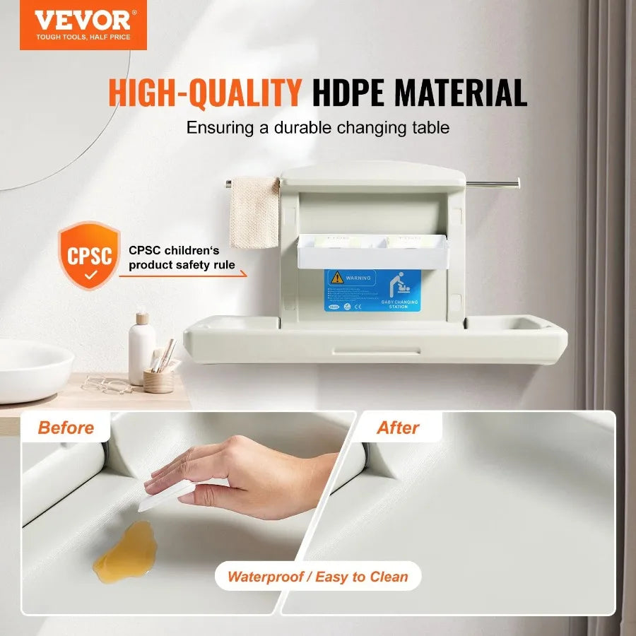 WallMounted Baby Changing Station Horizontal Foldable Diaper Change Table with Safety Straps and Hanging Rods Use in Commercia