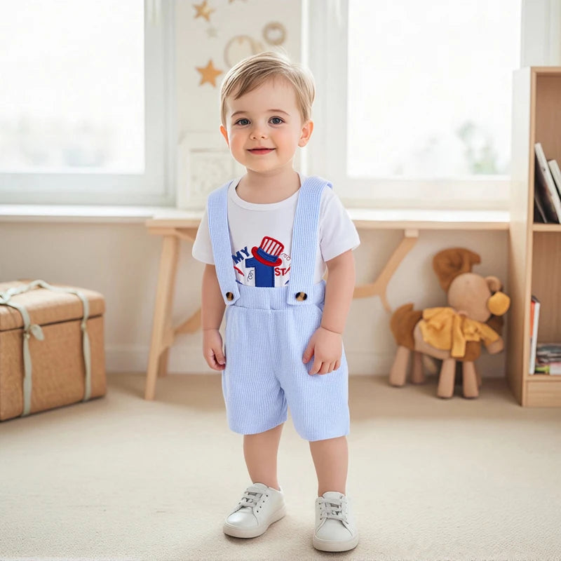 Infant Boys Independence Day Outfits Short Sleeve American Flag Romper Suspender Shorts Set Baby Clothing for 4th of July