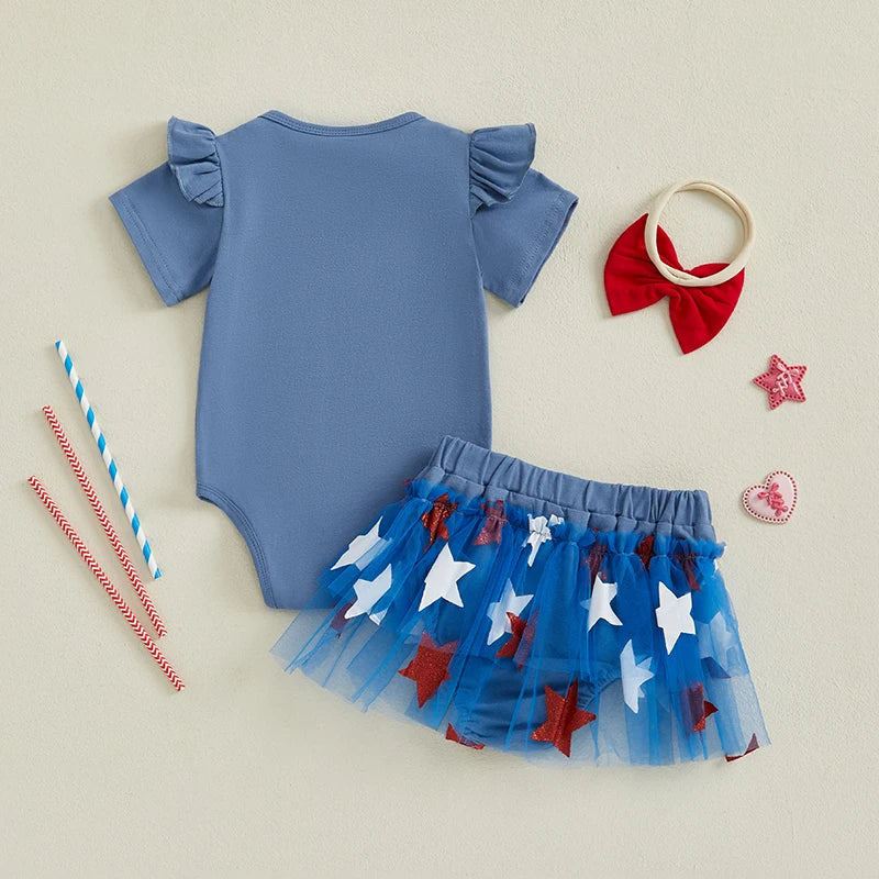 Toddler Girls 4th of July Outfit Sleeveless American Flag Romper with Striped Shorts and Headband Set for Independence Day