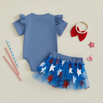 Toddler Girls 4th of July Outfit Sleeveless American Flag Romper with Striped Shorts and Headband Set for Independence Day